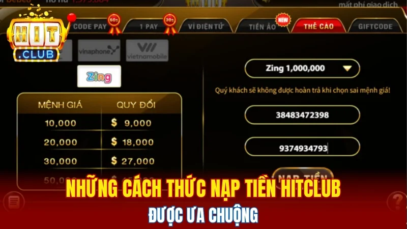 Những cách thức nạp tiền Hitclub được ưa chuộng